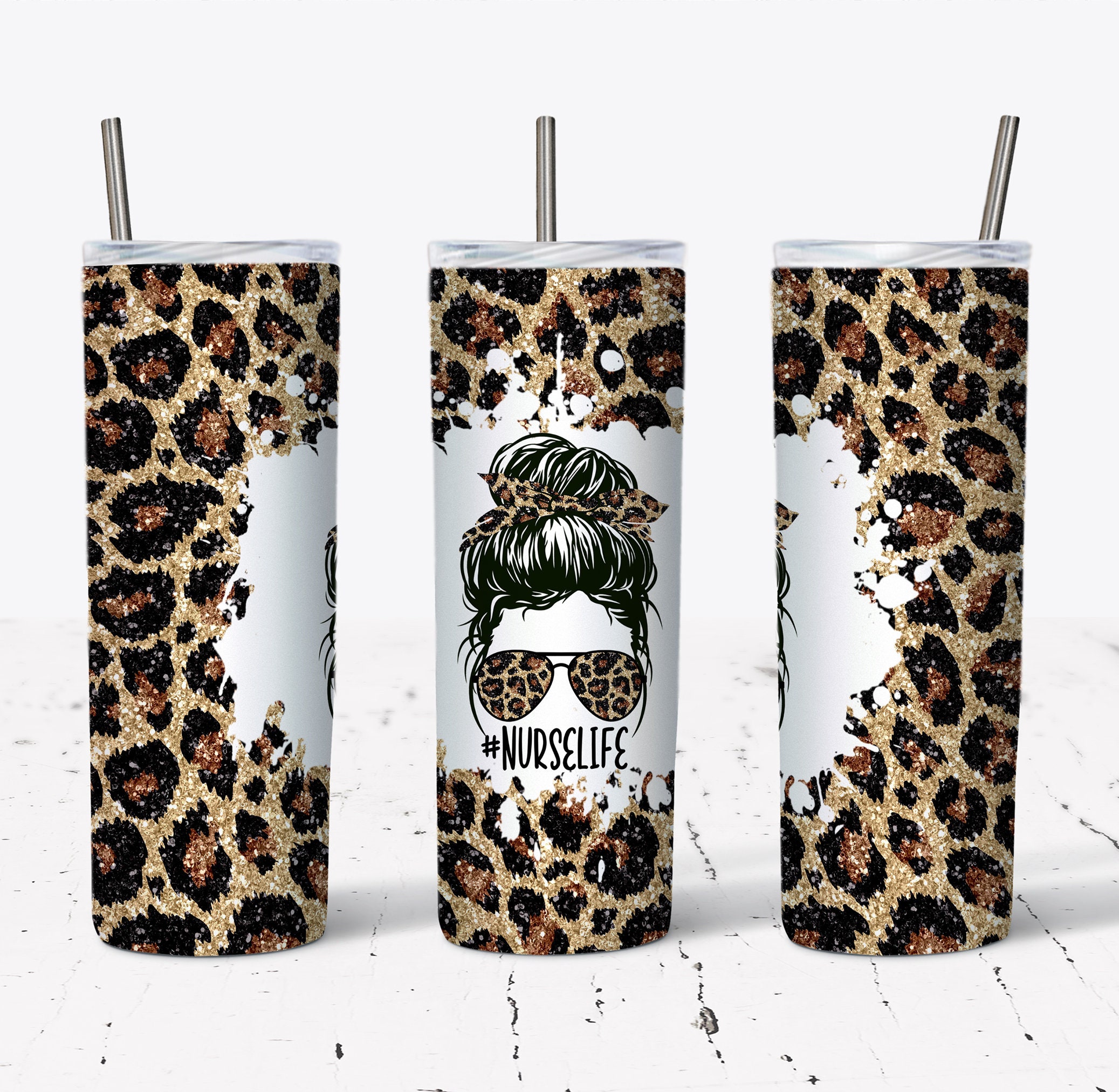 20 OZ Glitter Leopard Nurse Life Messy Bun Sublimation Skinny Tumbler ...