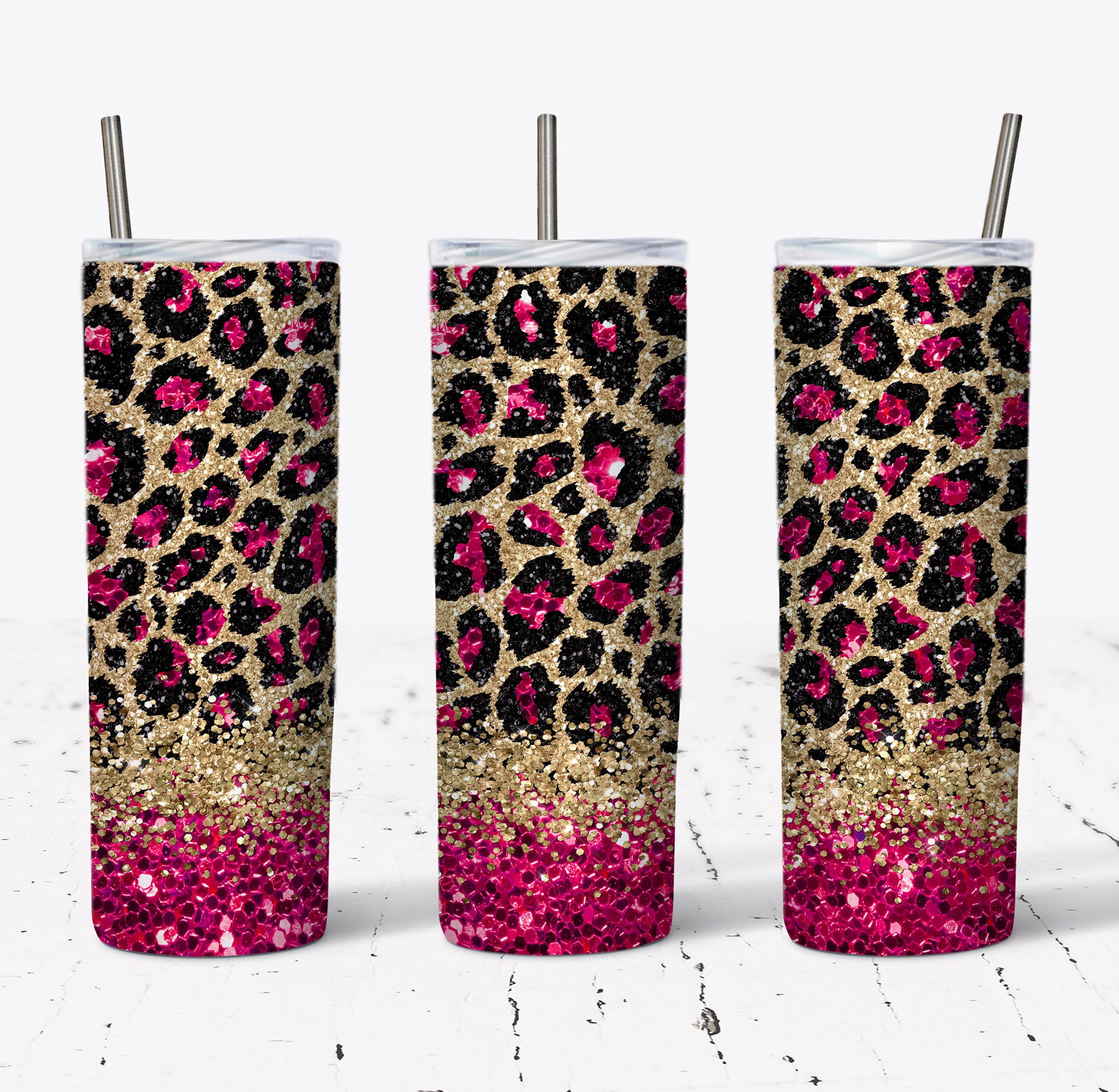 20 OZ Hot Pink Glitter Leopard Skinny Tumbler Design - Straight ...
