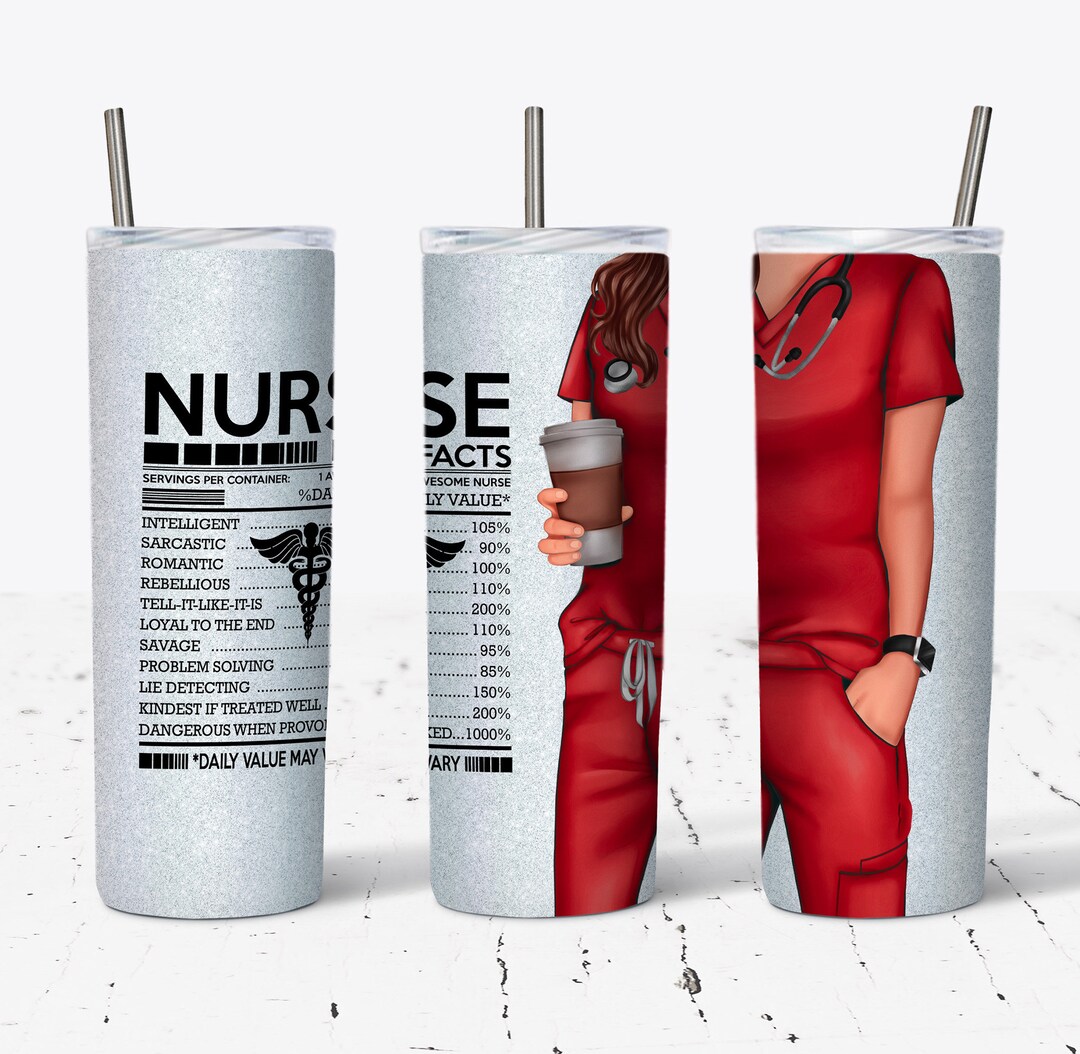 20 OZ Nurse Facts Red Scrubs Brown Hair Skinny Tumbler Design Straight