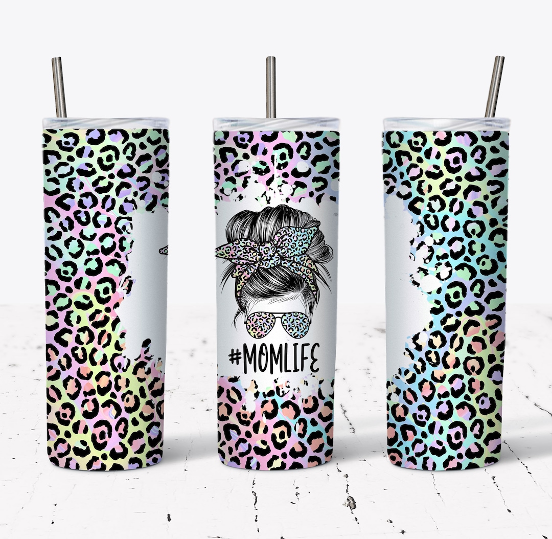 20 OZ Iridescent Leopard Mom Life Skinny Tumbler Design - Straight ...