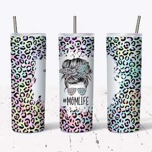 20 OZ Iridescent Leopard Mom Life Skinny Tumbler Design - Straight ...