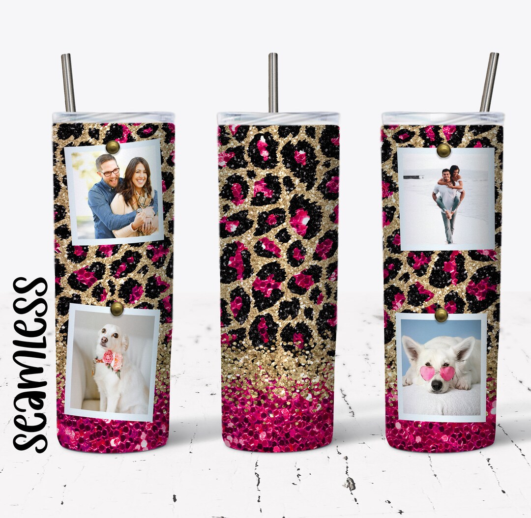 20 OZ Seamless Hot Pink Glitter Leopard Photo Skinny Tumbler Design ...