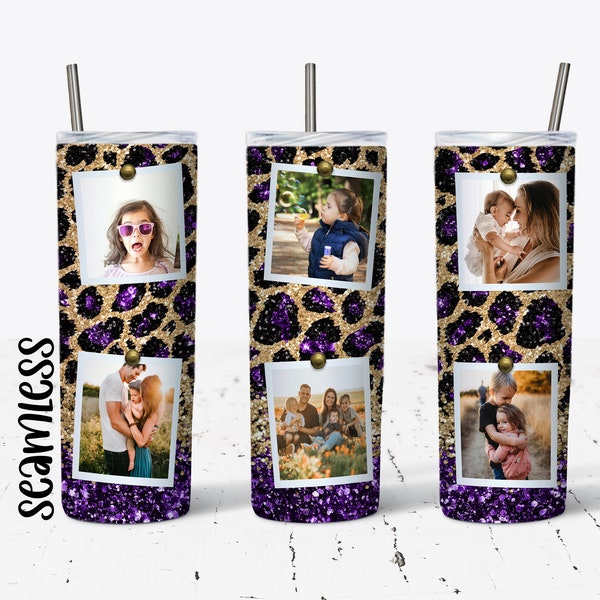 20 OZ Seamless Purple Glitter Leopard Photo Skinny Tumbler Design - Straight & Tapered Sublimation Wrap Design - Tumbler PNG - Template