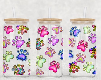 16 Oz Seamless Paw Prints Libbey Glass Can PNG - Beer Glass Sublimation Design  -  Digital Download - Transparent