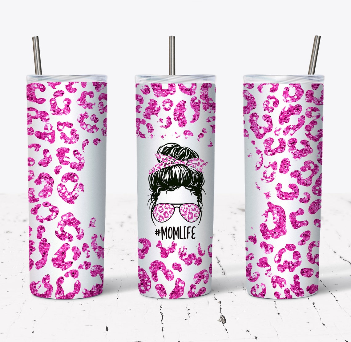 Hot Pink Glitter Leopard Mom Life Tumbler Wrap - 20 Oz Skinny Tumbler ...