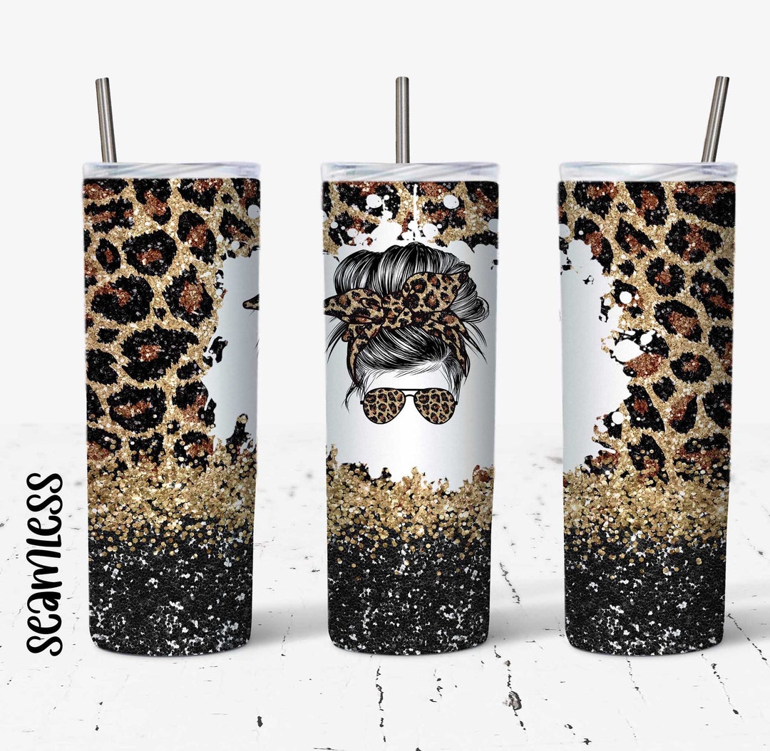 20 OZ Glitter Leopard Messy Bun Hair Skinny Tumbler Design - Straight ...