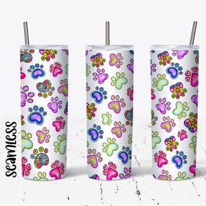 20 OZ Seamless Paws Skinny Tumbler Design - Straight Sublimation Wrap Design - Tumbler PNG -  Template