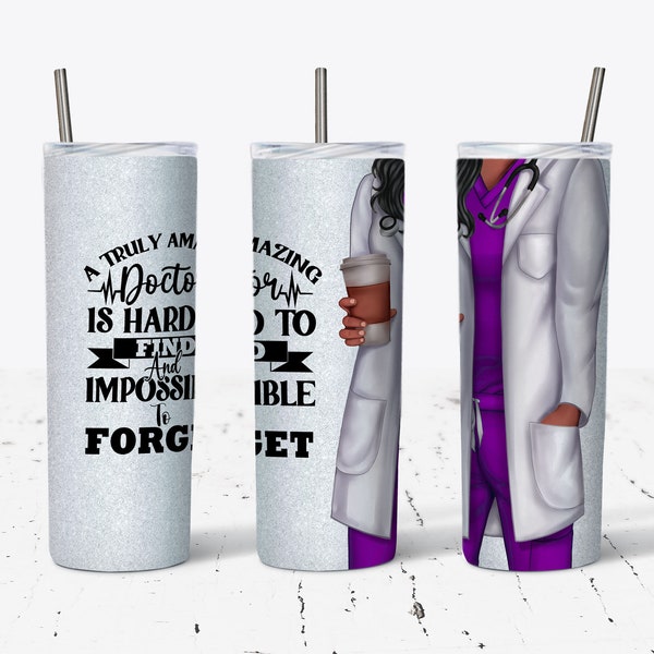 20 OZ Truly Amazing African American Female Doctor Purple Scrubs Skinny Tumbler Design - Straight Sublimation Wrap Design - Tumbler PNG