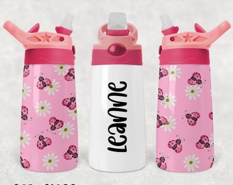 Pink Lady Bug Kids Flip Top Water Bottle Sublimation Design - Straight & Tapered - 12 Oz Flip Top Design - Flip Top Sippy Cup PNG - Add Name