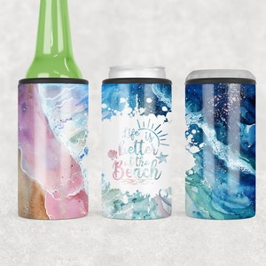 May include: Three beverage insulators with beach-themed designs. One is on a green bottle, and the others are on cans. The designs feature watercolor art of waves and the text "life is better at the beach."