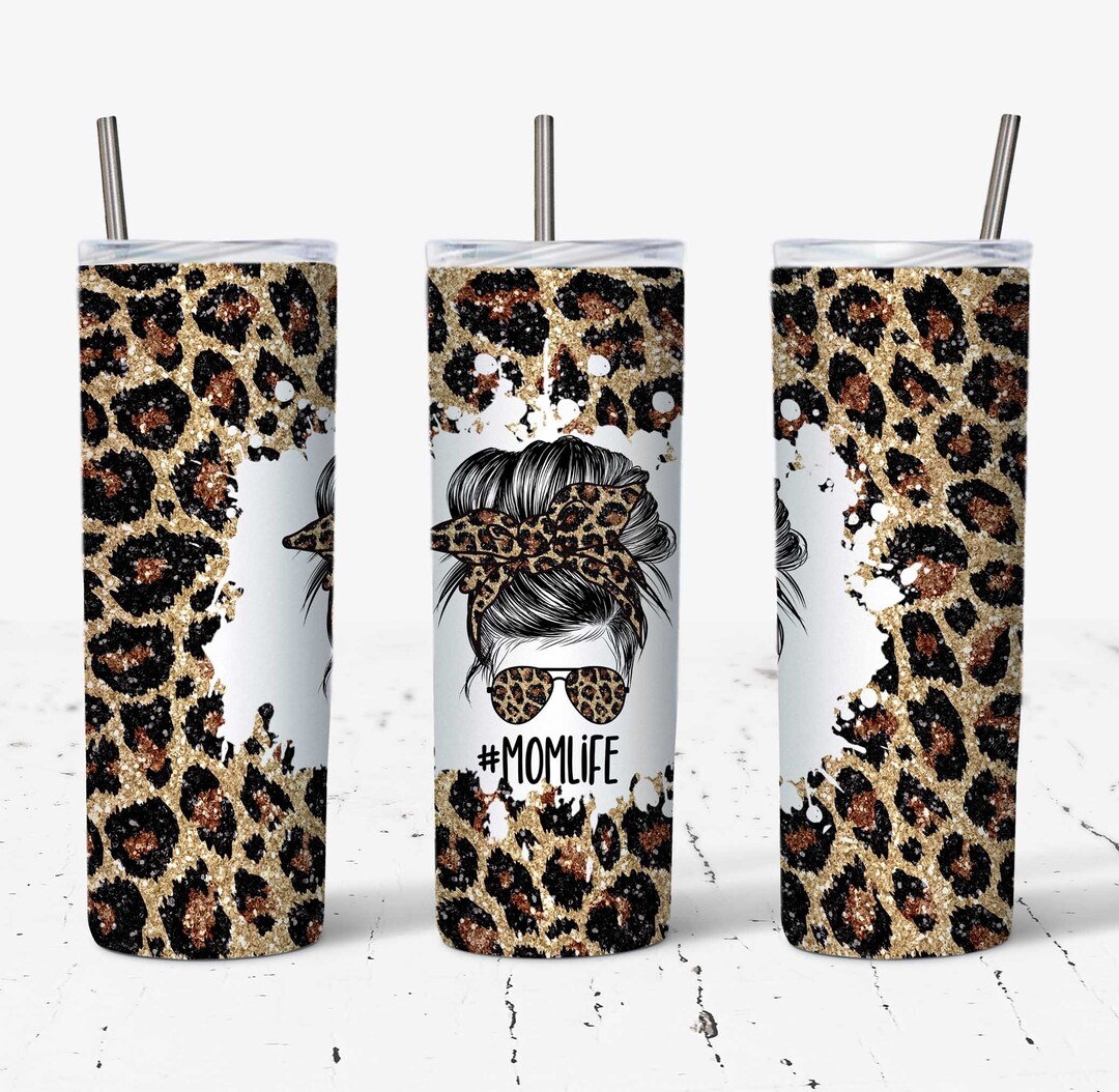 20 OZ Glitter Leopard Mom Life Messy Bun Sublimation Skinny Tumbler ...