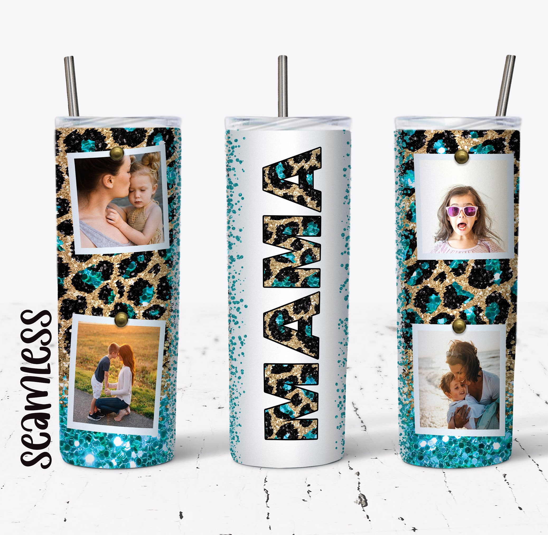 20 OZ Seamless Teal Glitter Leopard Mama Photo Skinny Tumbler Design ...