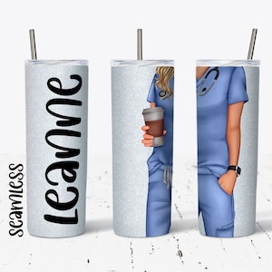 20 OZ Blonde Krankenschwester Blue Scrubs Skinny Tumbler Design - Straight & Tapered Sublimation Wrap Design - Tumbler PNG - Add your Name