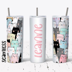 20 OZ Naadloze Cute Cats Skinny Tumbler Design - Recht & Taps toelopend Sublimatie Wrap Design - Tumbler PNG - Naam toevoegen