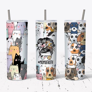 20 OZ Gato e Cachorro Mãe de Ambos Design de Tumbler Skinny de Sublimação - Design de Envoltório de Sublimação Reto / Cônico - Tumbler PNG - Modelo