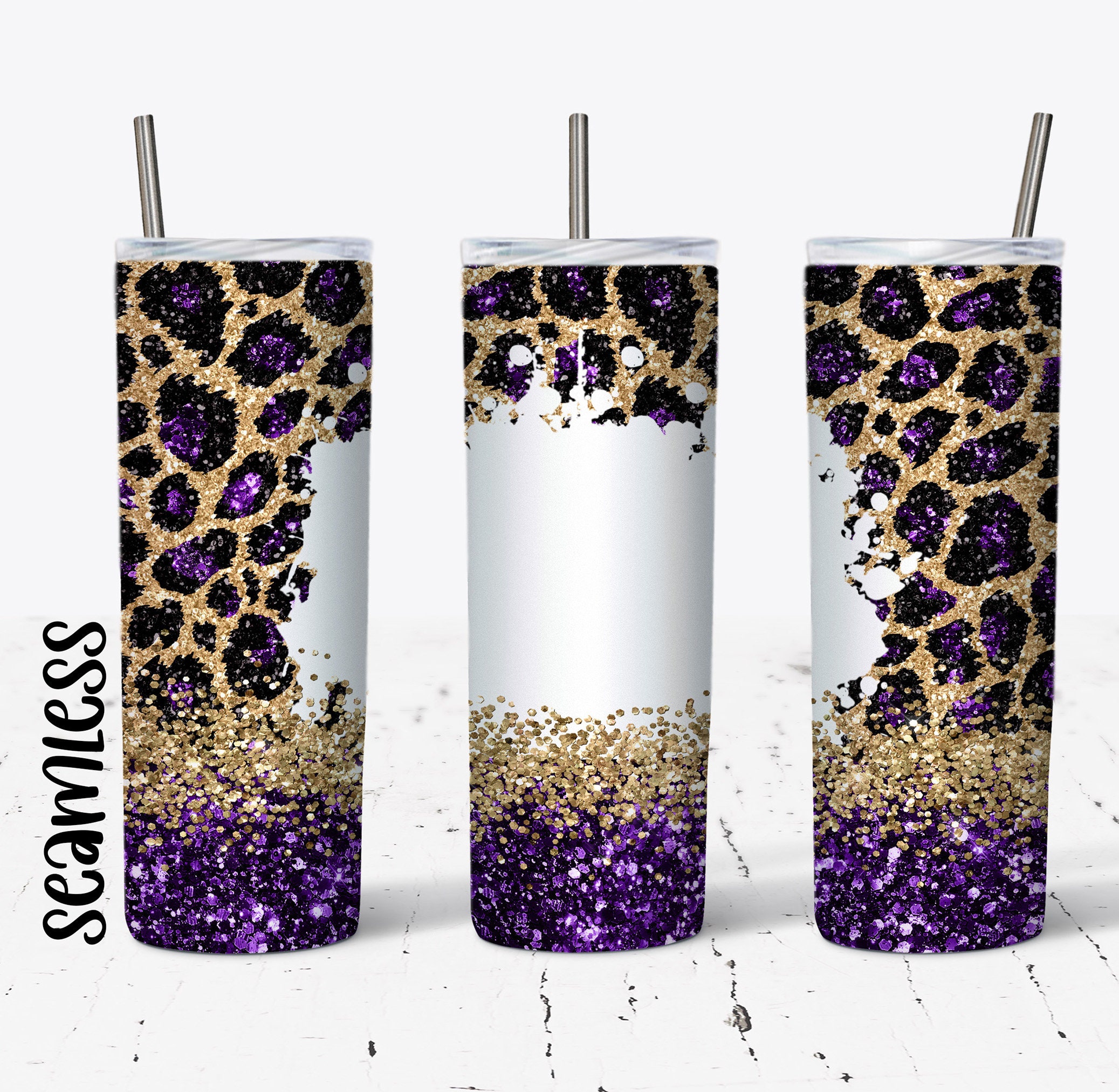 20 OZ Seamless Purple Glitter Leopard Skinny Tumbler Design - Straight ...