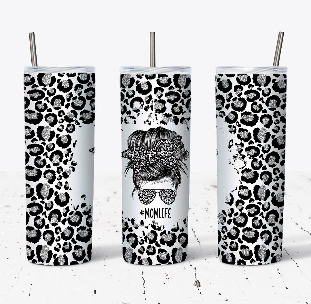 20 OZ Silver Glitter Leopard Mom Life Messy Bun Skinny Tumbler Design ...