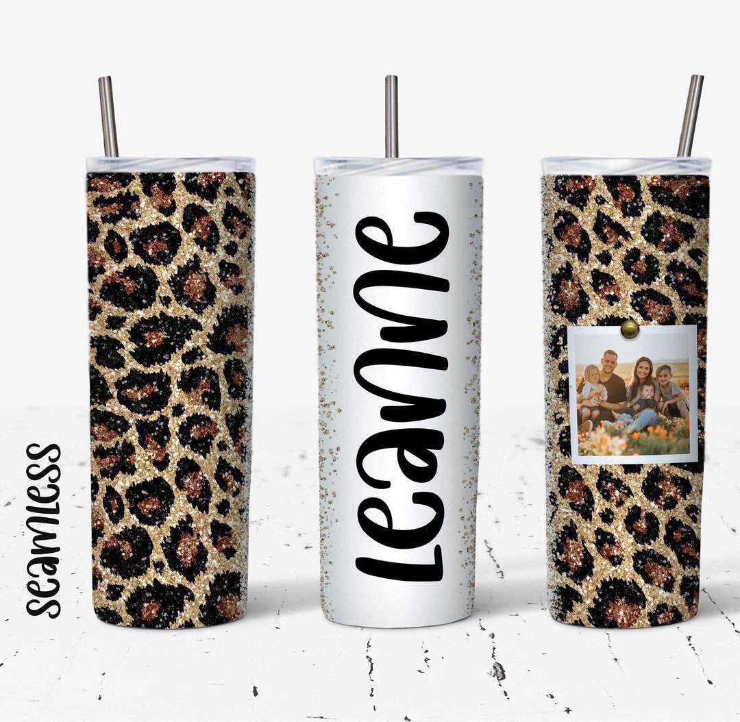 20 OZ Seamless Glitter Leopard Photo Skinny Tumbler Design - Straight ...