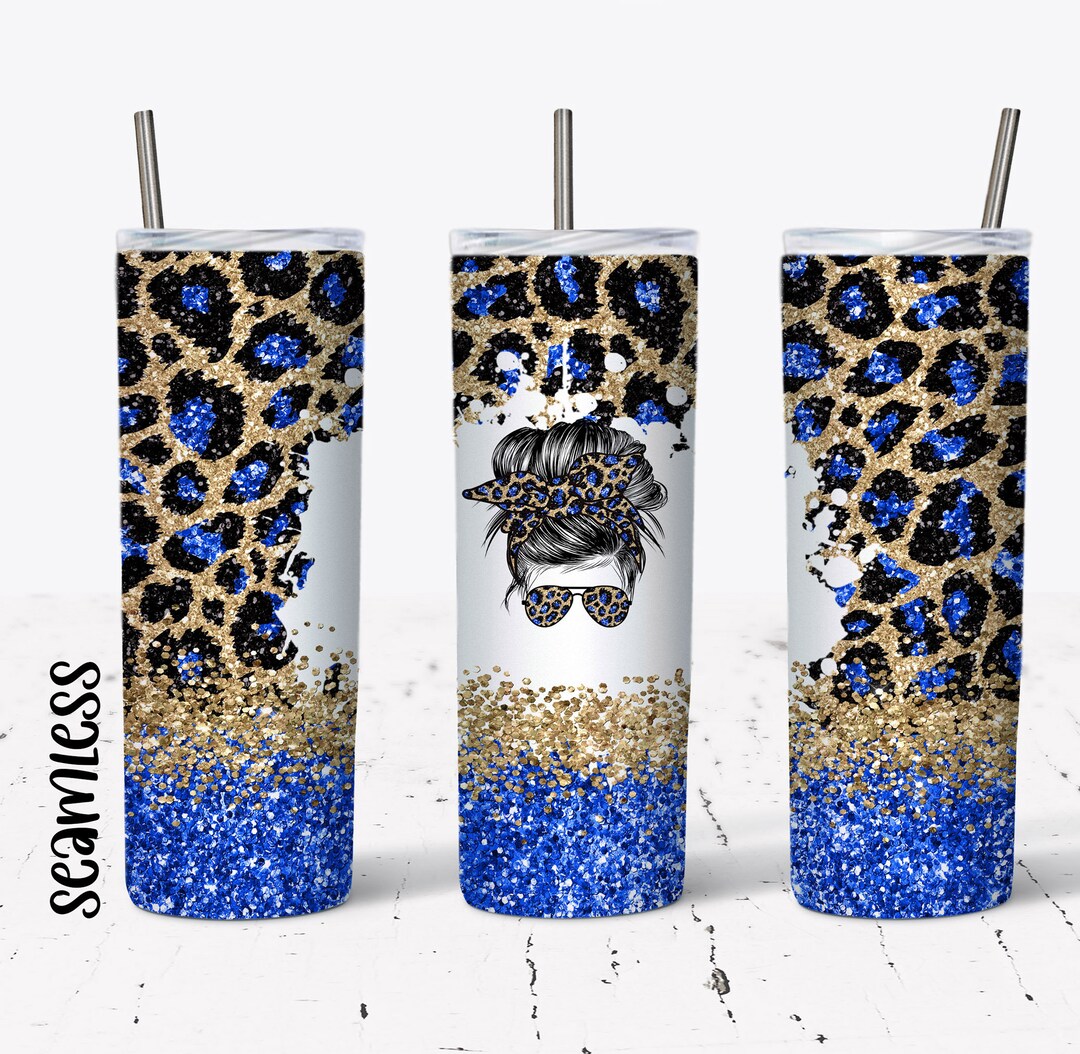 20 OZ Royal Blue Glitter Leopard Messy Bun Skinny Tumbler Design ...