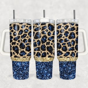 Blue Leopard 40oz Quencher Tumbler Wrap - Seamless PNG Tumbler Design Sublimation Designs Downloads - Sublimation Tumbler With Handle Wrap