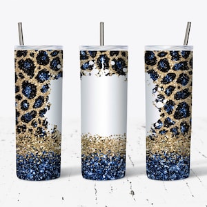 20 OZ Navy Glitter Leopard  Skinny Tumbler Design - Straight & Tapered Sublimation Wrap Design - Tumbler PNG - Template - Blank