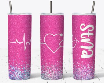 20 Oz Hot Pink Glitter STNA Sublimation Skinny Tumbler Design - Straight & Tapered Stethoscope Sublimation Tumbler Wrap - PNG _ Template