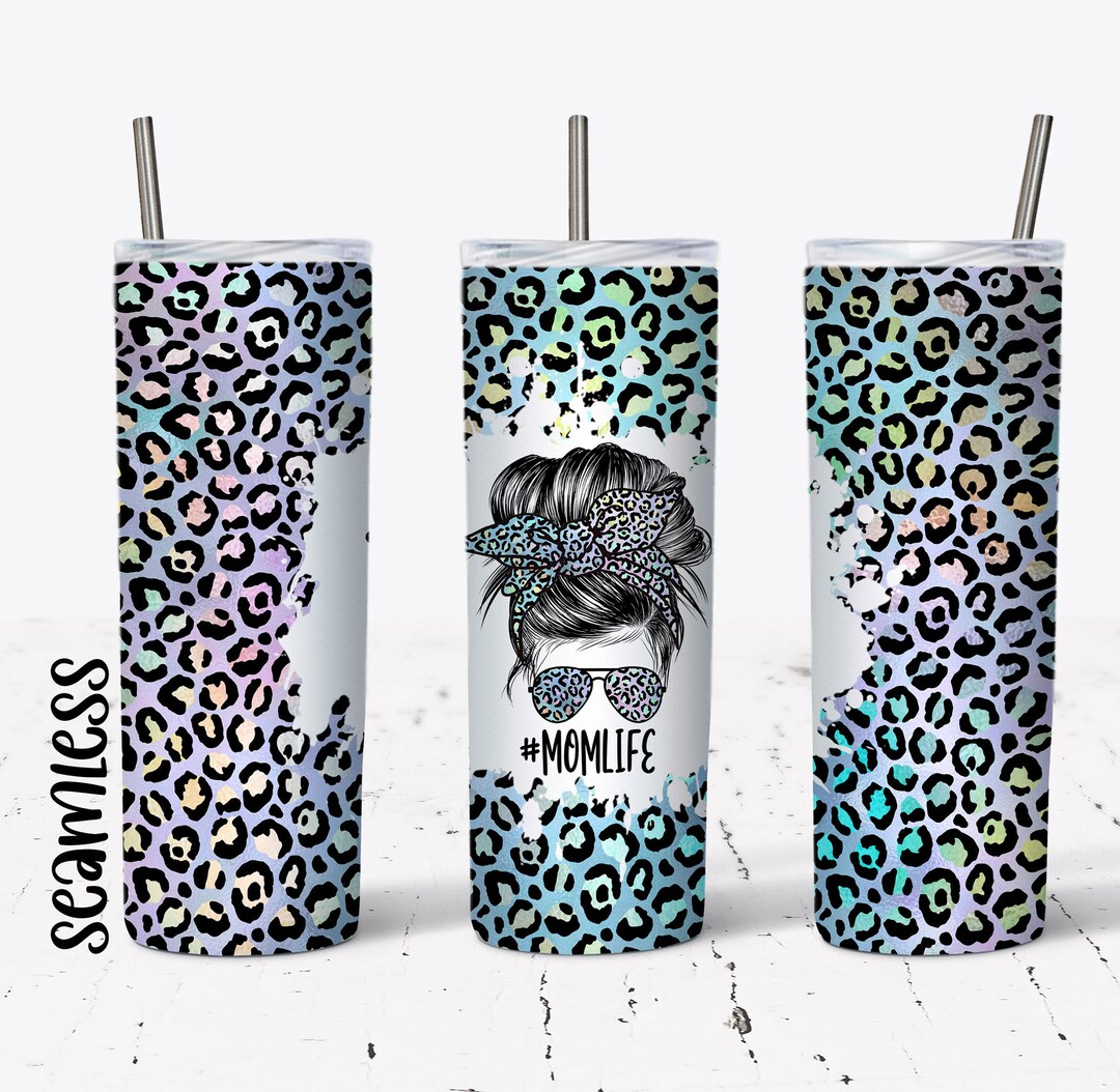 20 OZ Seamless Iridescent Teal Leopard Mom Life Skinny Tumbler Design ...