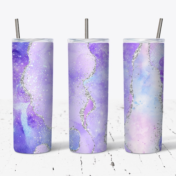 20 OZ  Purple and Silver Glitter Agate Skinny Tumbler Design - Straight & Tapered Sublimation Wrap Design - Tumbler PNG - Template
