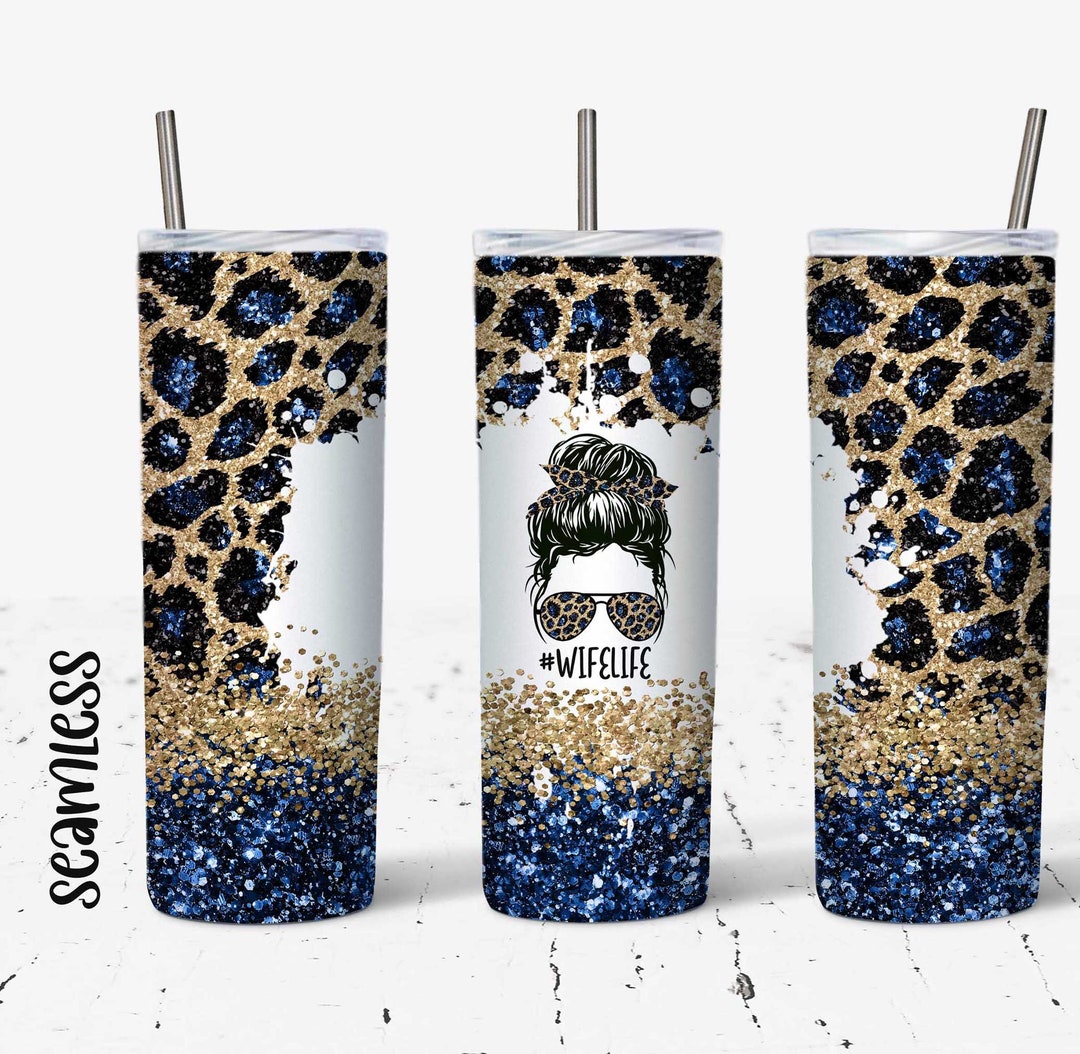20 OZ Seamless Navy Glitter Leopard Wife Life Skinny Tumbler Design ...