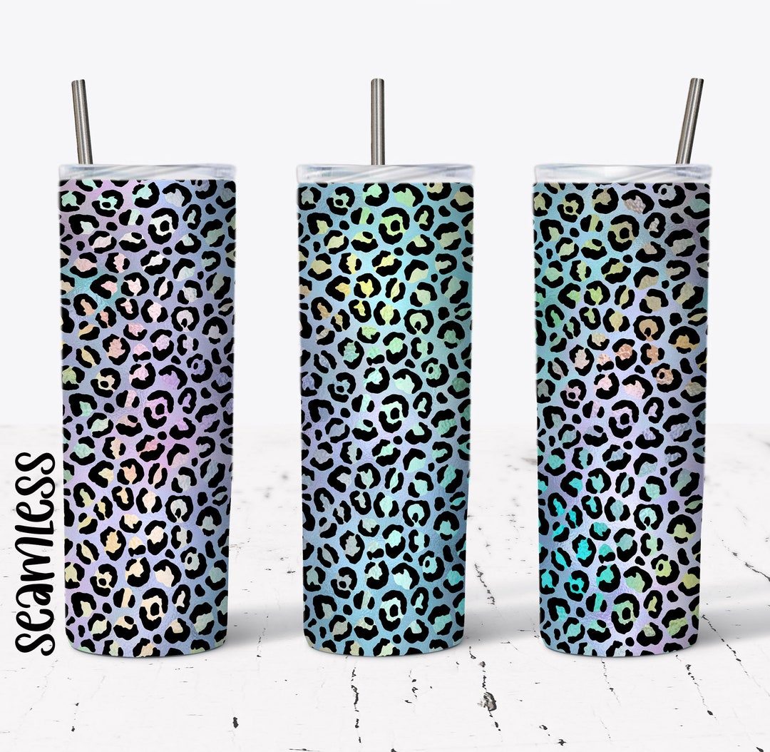 20 OZ Seamless Iridescent Teal Leopard Skinny Tumbler Design - Straight ...