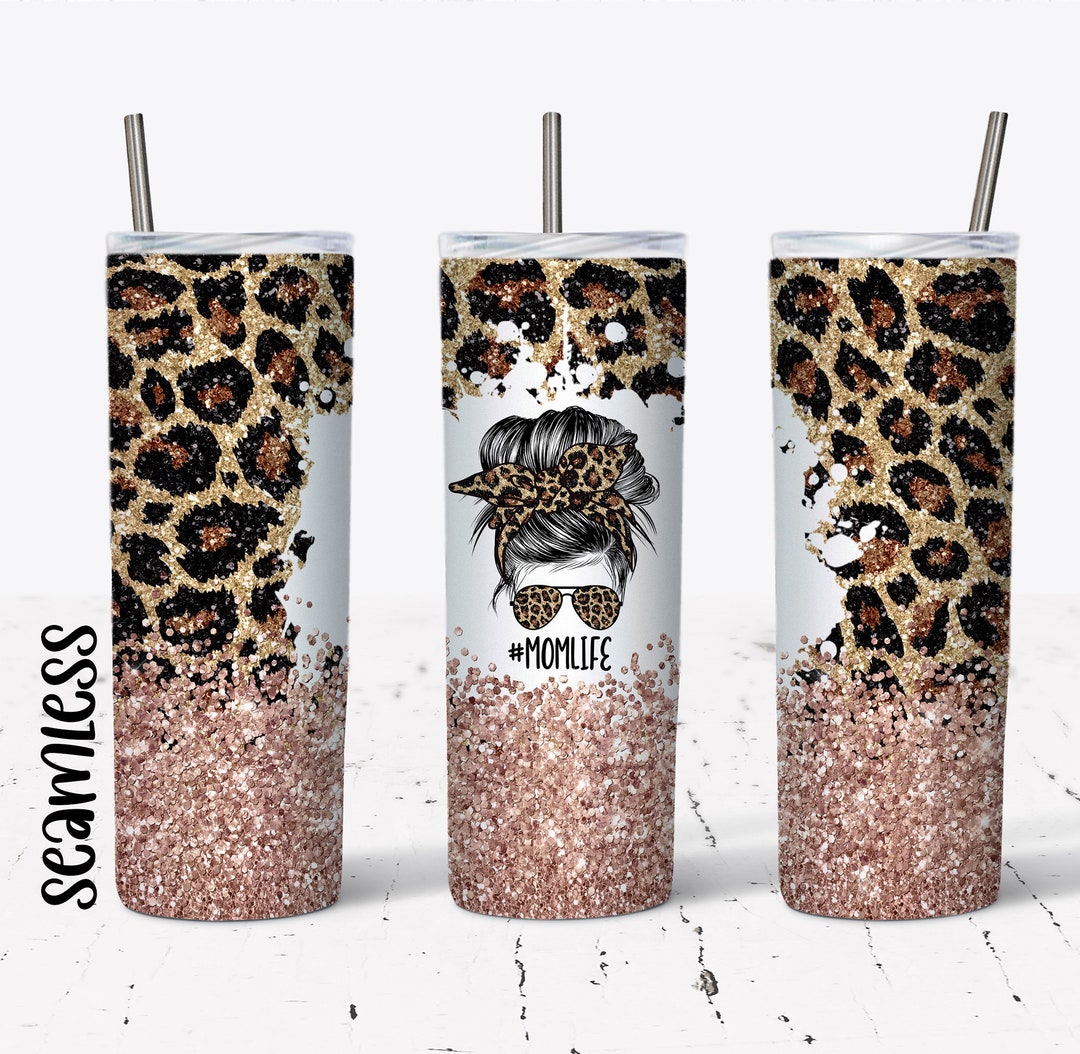 20 OZ Seamless Glitter Leopard Mom Life Rose Gold Bottom Skinny Tumbler ...