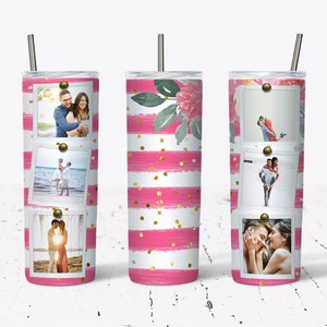 20 OZ Hot Pink Floral Stripe 6 Photo Skinny Tumbler Design - Straight & Tapered Sublimation Wrap Design - Tumbler PNG - Add Your Name