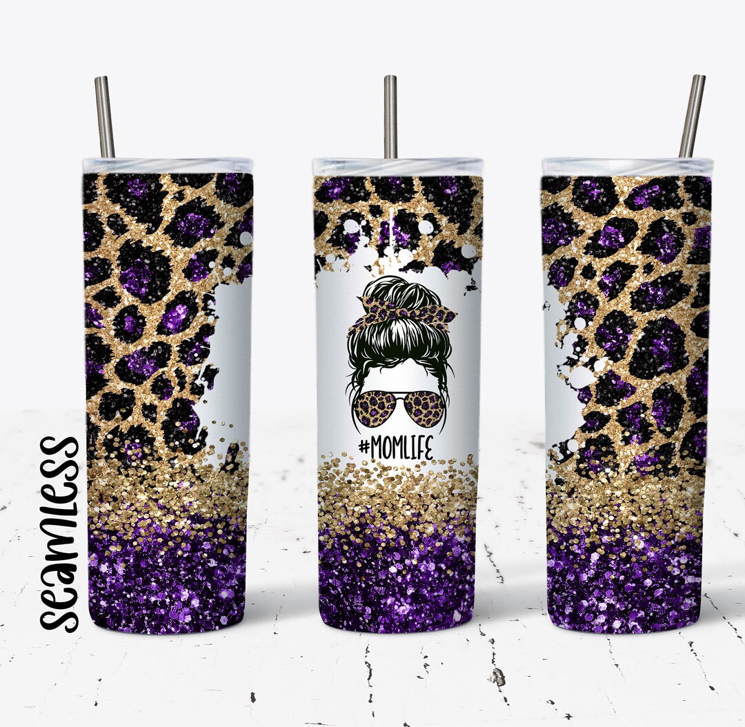20 OZ Seamless Purple Glitter Leopard Mom Life Skinny Tumbler Design ...