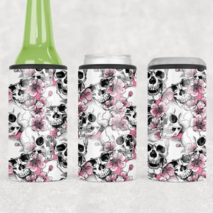 Pink Skulls 4 in 1 Can Cooler Wrap -  Skull Can Cooler Sublimation Design PNG - Instant Digital Download