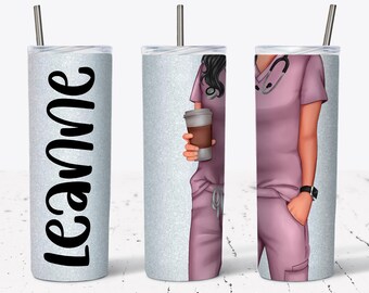 20 OZ Nurse Pink Scrubs Black Hair Skinny Tumbler Design - Straight & Tapered  Sublimation Wrap Design -  Tumbler PNG - Add your Name