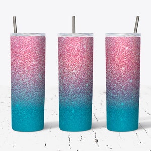 May include: Three stainless steel tumblers with lids and straws. The tumblers are covered in a pink and blue glitter gradient.