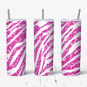 20 OZ Hot Pink Zebra Glitter Sublimation Skinny Tumbler Design - Straight & Tapered Sublimation Wrap Design - Tumbler PNG - Plantilla