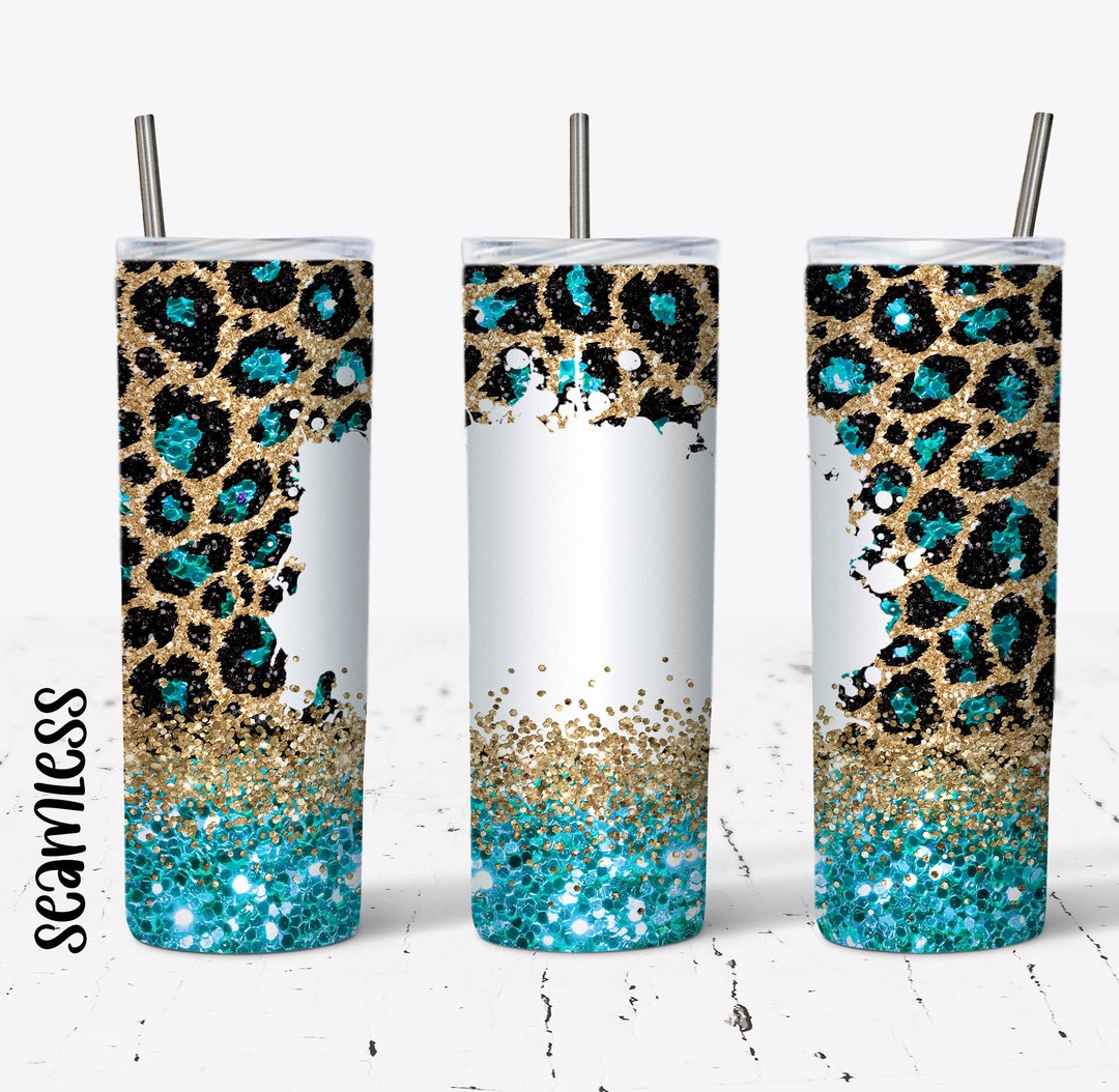 20 OZ Seamless Turquoise Glitter Leopard Skinny Tumbler Design ...