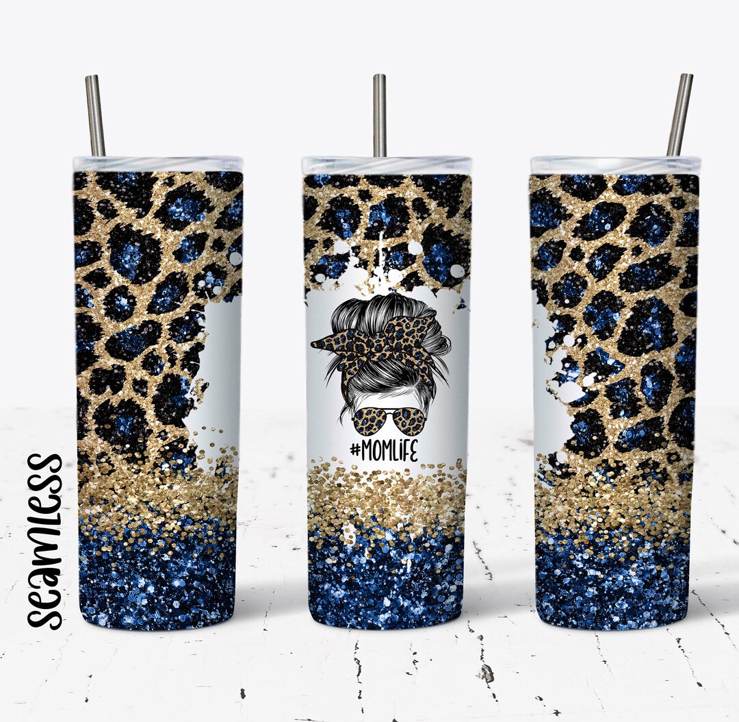 20 OZ Blue Glitter Leopard Mom Life Messy Bun Skinny Tumbler Design ...