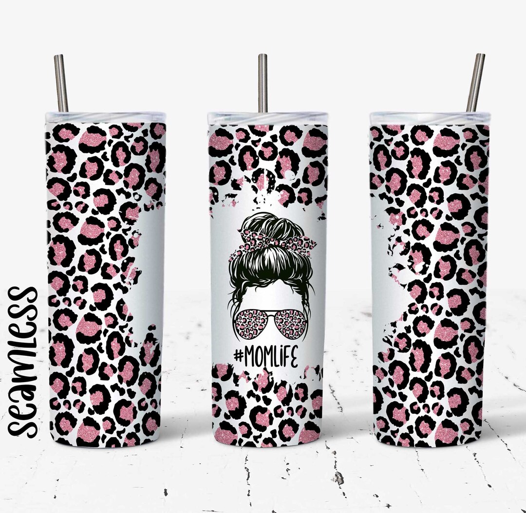 20 OZ Seamless Pink Glitter Leopard Mom Life Skinny Tumbler Design ...