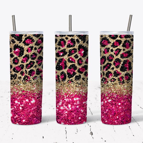 Hot Pink Glitter Leopard Tumbler Wrap - 20 Oz Skinny Tumbler Sublimation Design - Straight & Tapered - Digital Download - Tumbler PNG