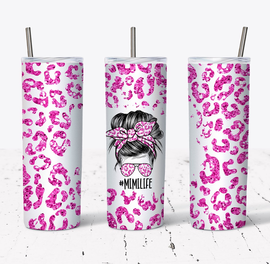 20 OZ Hot Pink Glitter Leopard Mimi Life Messy Bun Hair Skinny Tumbler ...