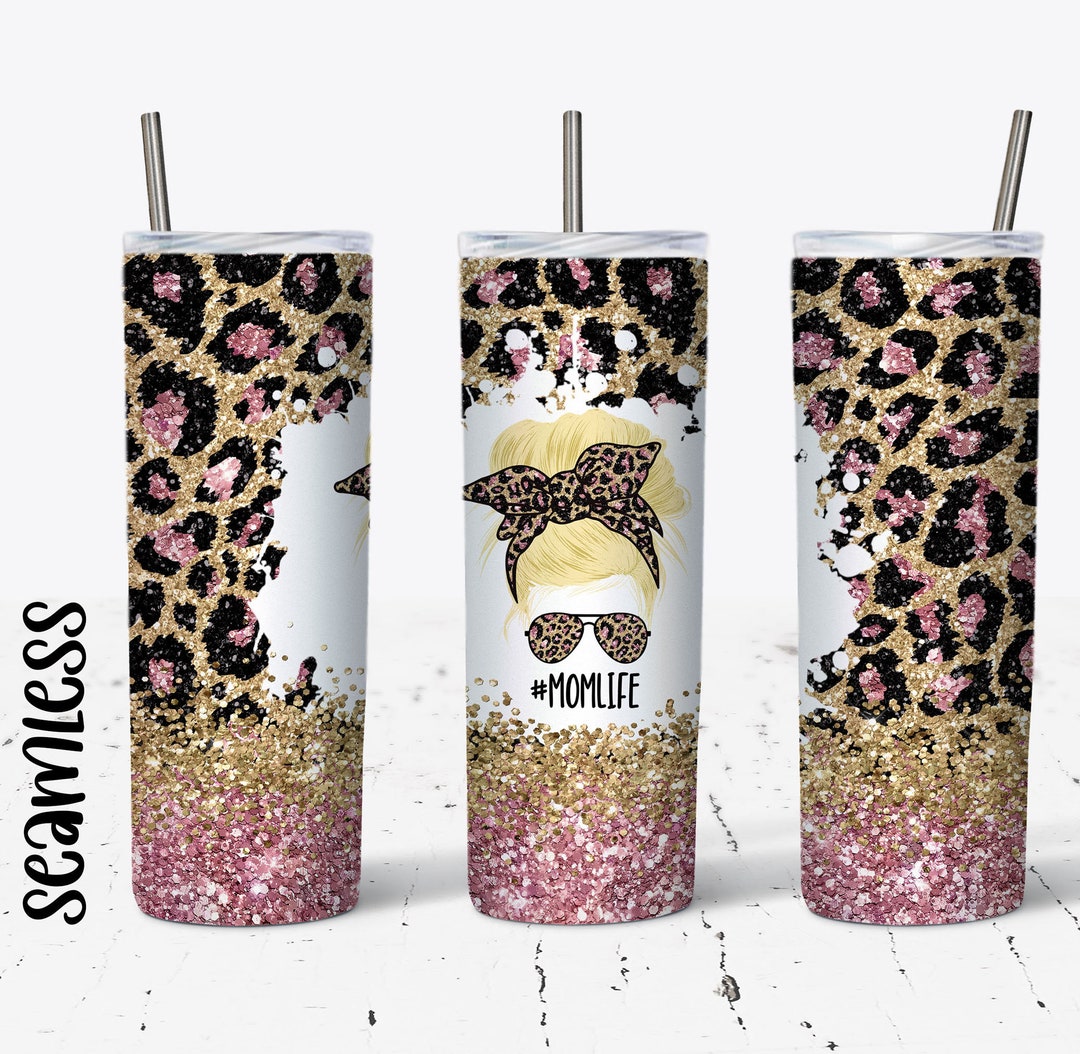 20 OZ Seamless Pink Glitter Leopard Blonde Mom Life Skinny Tumbler ...