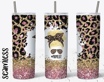 20 OZ Seamless Pink Glitter Leopard Blonde Mom Life Skinny Tumbler Design - Straight & Tapered Sublimation Wrap Design - Tumbler PNG