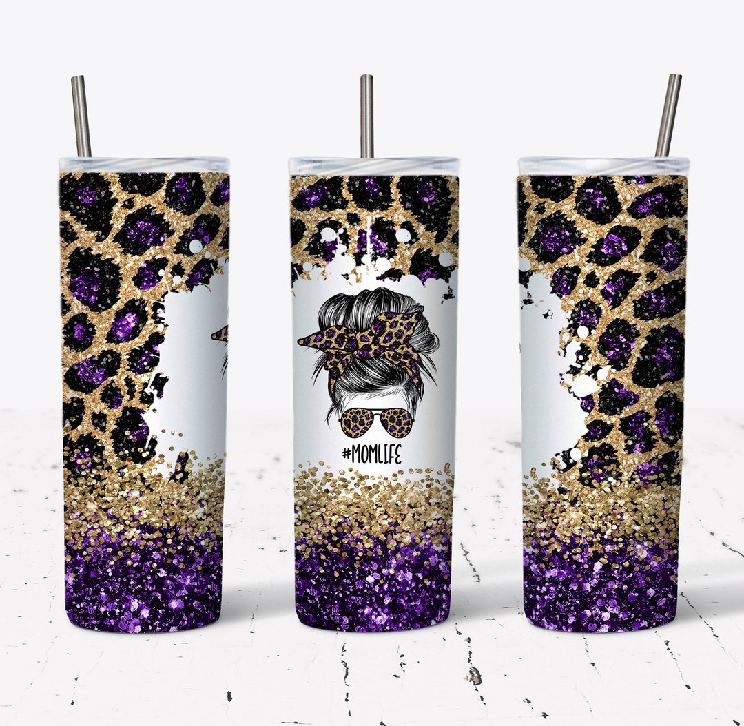 20 OZ Seamless Purple Glitter Leopard Mom Life Skinny Tumbler Design ...