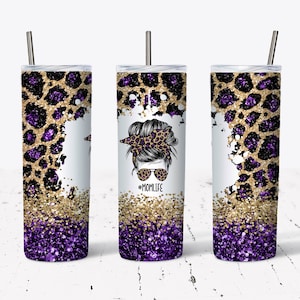 20 OZ Seamless Purple Glitter Leopard Mom Life Skinny Tumbler Design ...