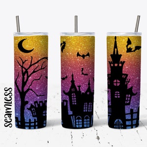 20 OZ Seamless Glitter Halloween Castle Skinny Tumbler  Design - Straight & Tapered Sublimation Wrap Design - Tumbler PNG
