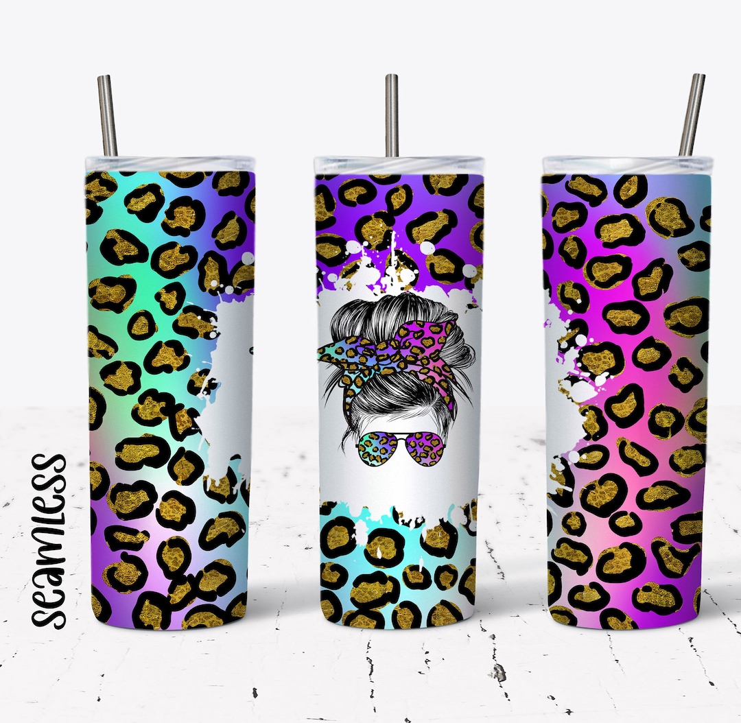 Rainbow Glitter Leopard Messy Bun Tumbler Wrap - 20 Oz Skinny Tumbler ...