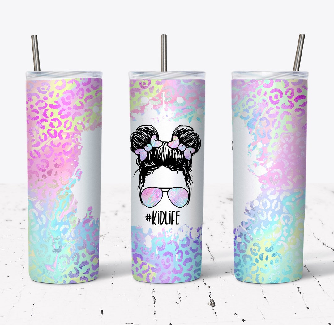 20 OZ Iridescent Leopard Kid Life Messy Bun Skinny Tumbler Design ...