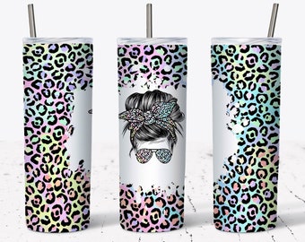20 OZ Iridescent Leopard Mom Life Messy Bun Sublimation Skinny Tumbler ...